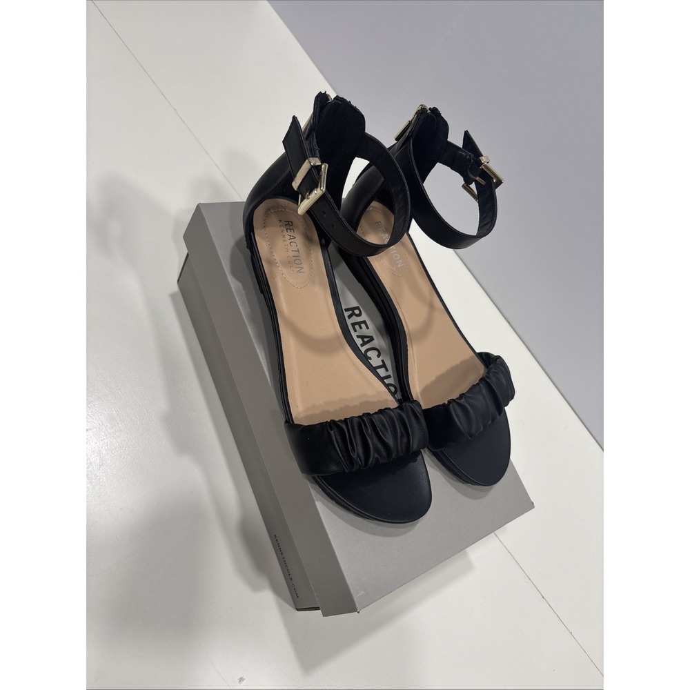 Kenneth Cole Reaction Women's Size 8 Black Ruched Ankle Strap Wedge Sandals